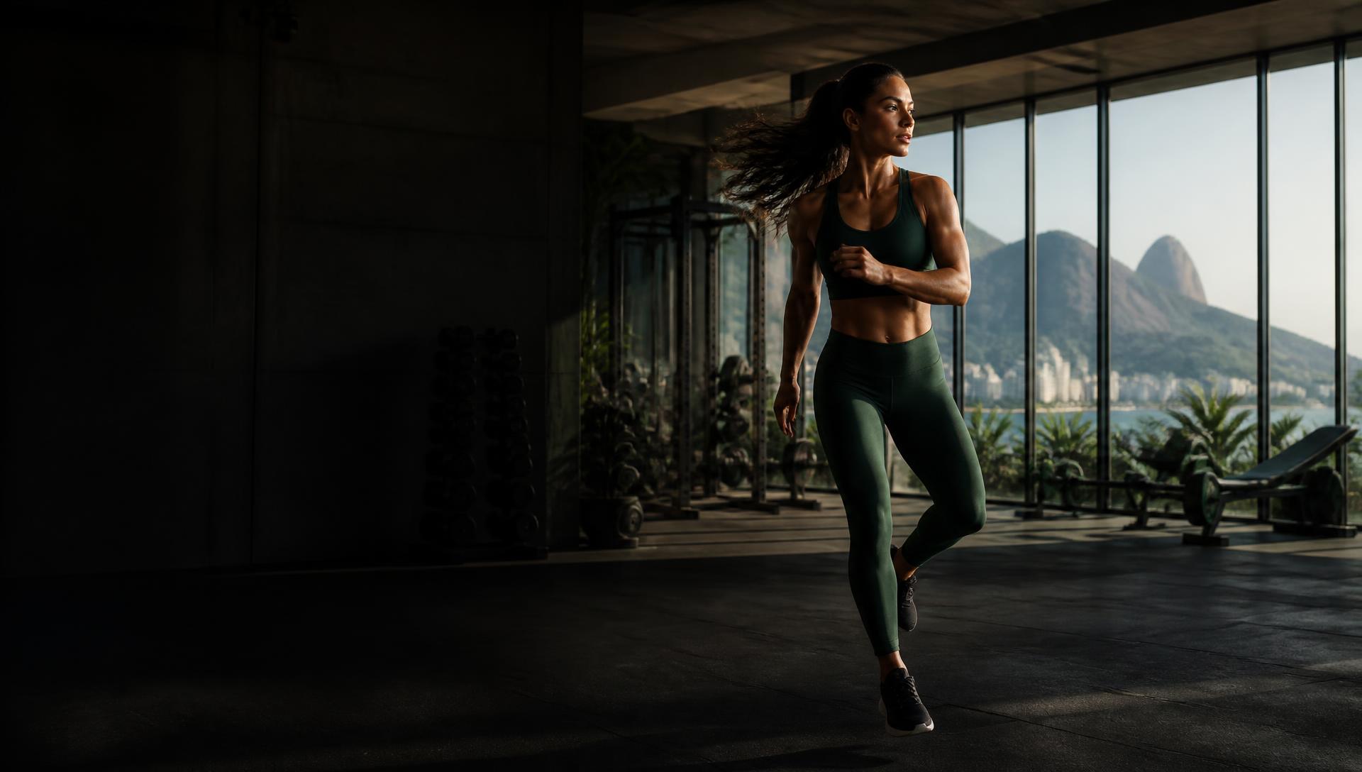 Atleta em movimento em uma academia contemporânea brasileira